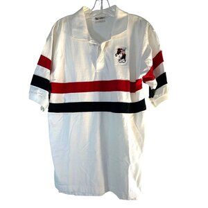 Walt Disney World Mens Polo Shirt White Red/Black Stripes Golfing Mickey Logo Si